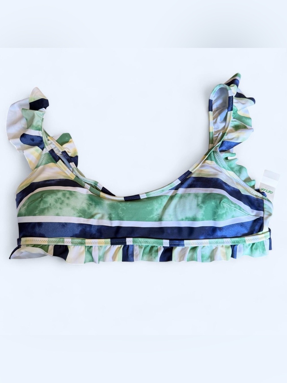 aerie Striped Ruffle Bikini Top in Green & Navy Medium NWT